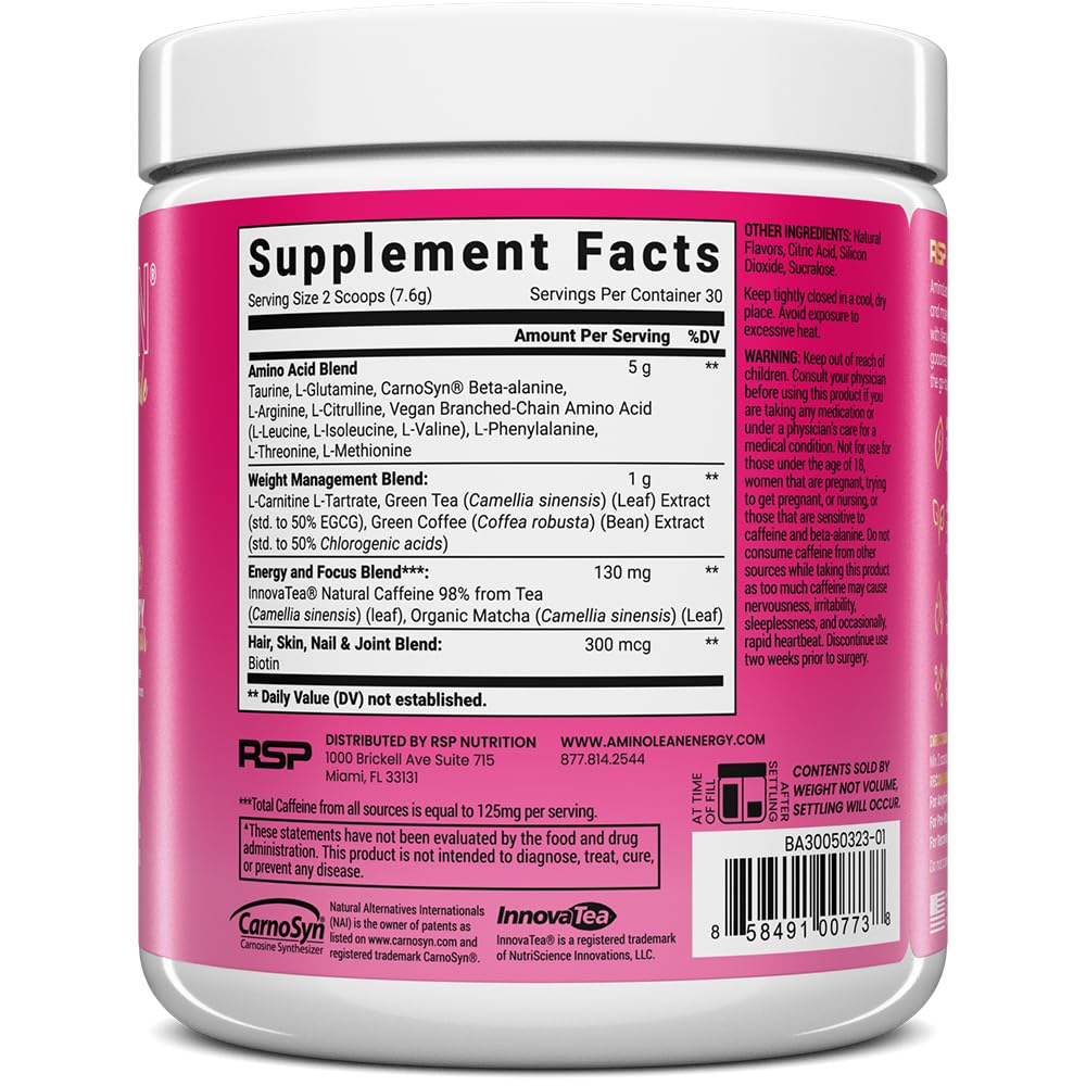 RSP NUTRITION AminoLean comparación de tamaño con mano, información de porciones