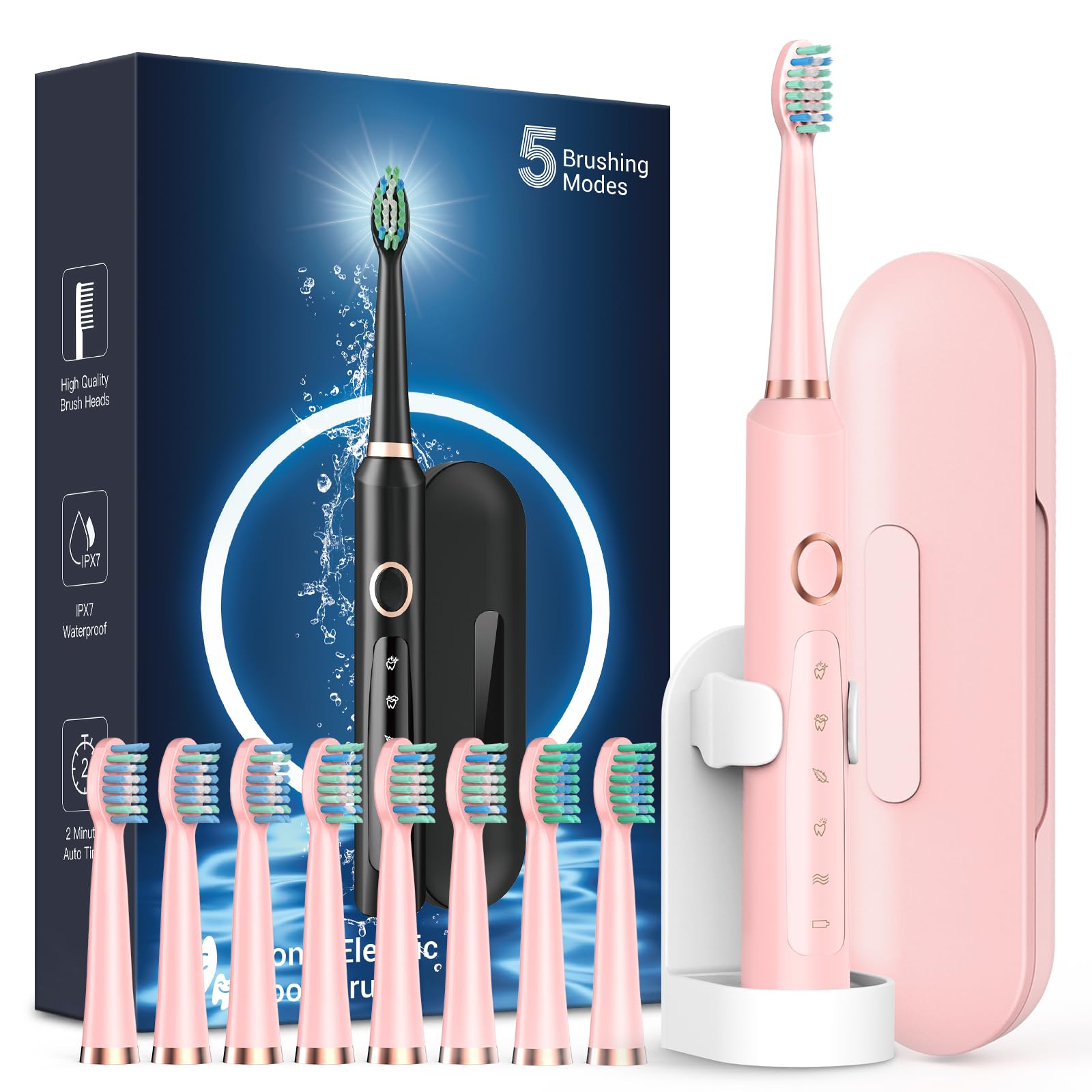 Rtauys M5 vista frontal del cepillo mostrando diseño rosa y botones para control