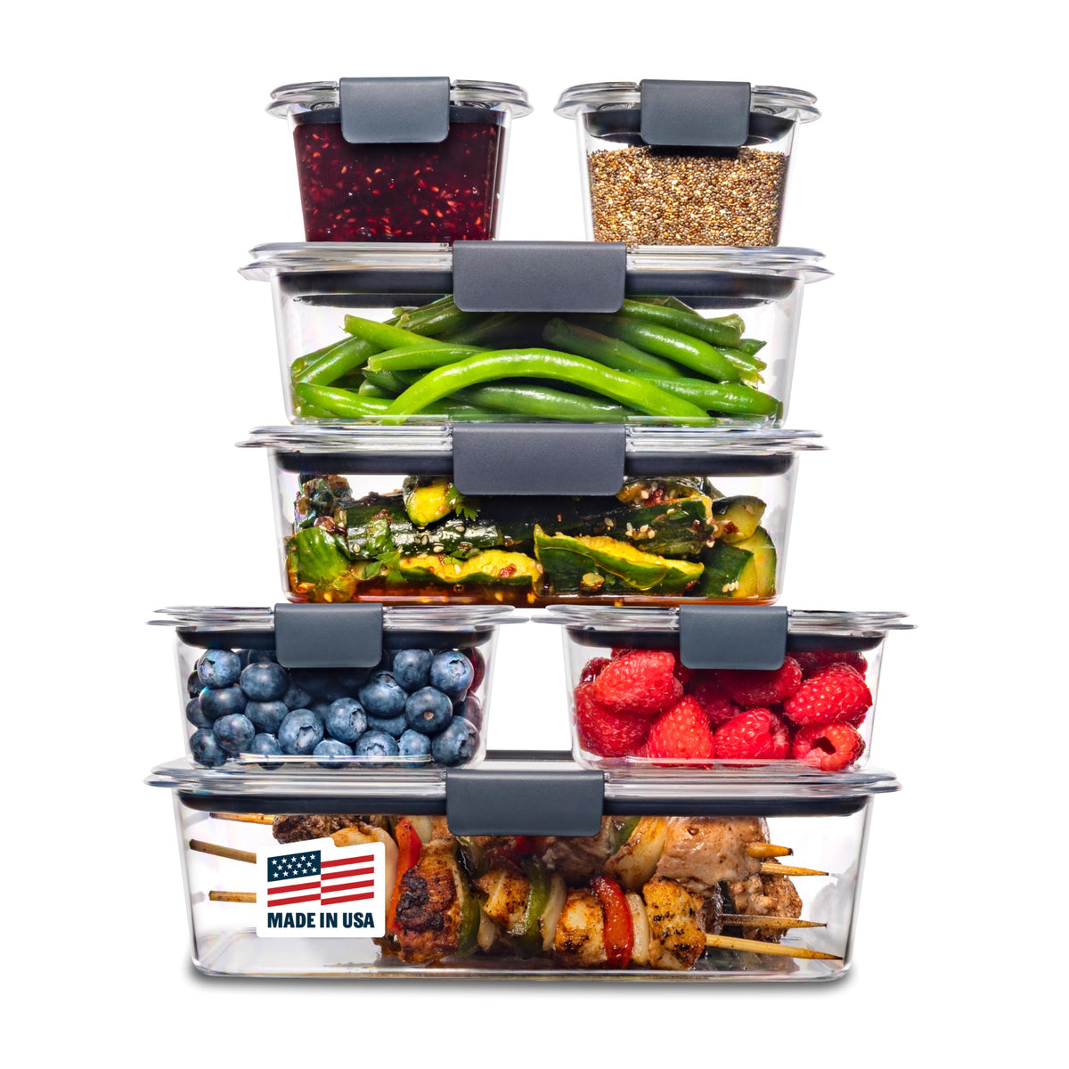 Rubbermaid Brilliance vista frontal de envases y tapas, beneficio: visibilidad inmediata del contenido