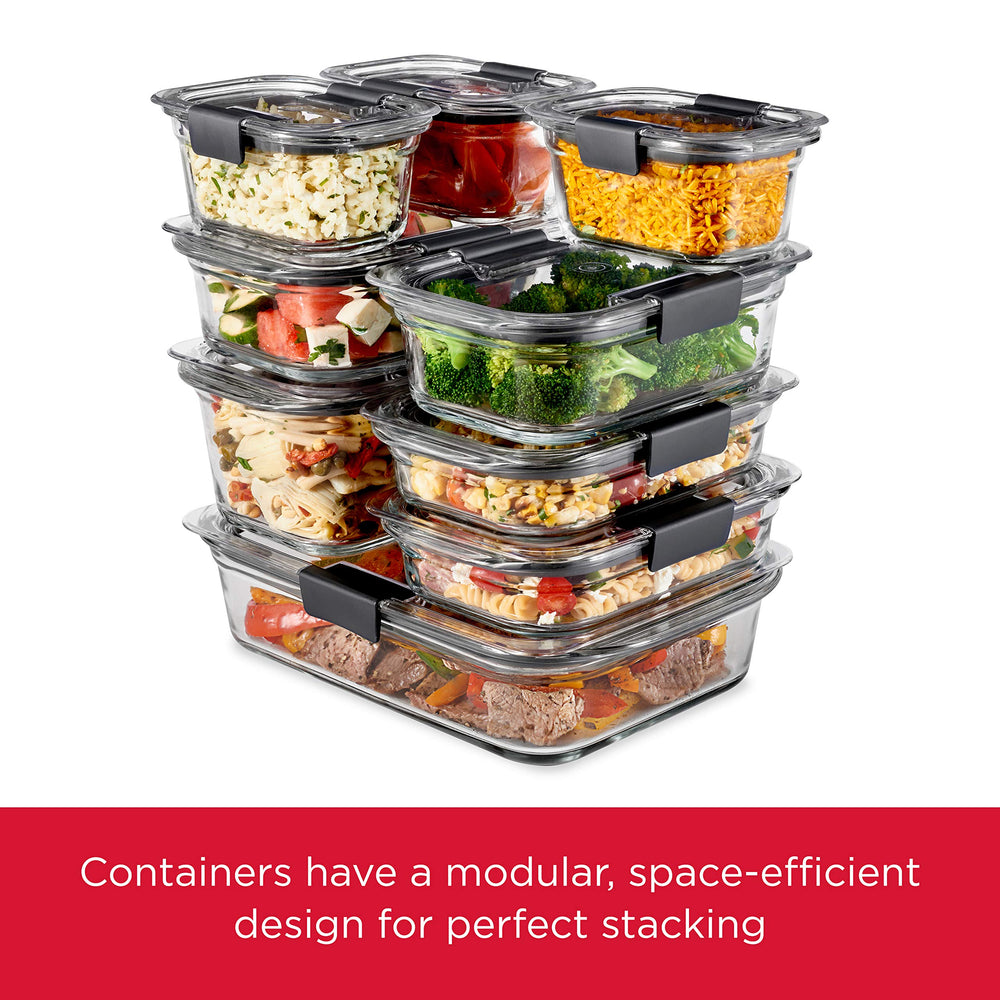 Rubbermaid Brilliance stacked containers in fridge for space-saving organization