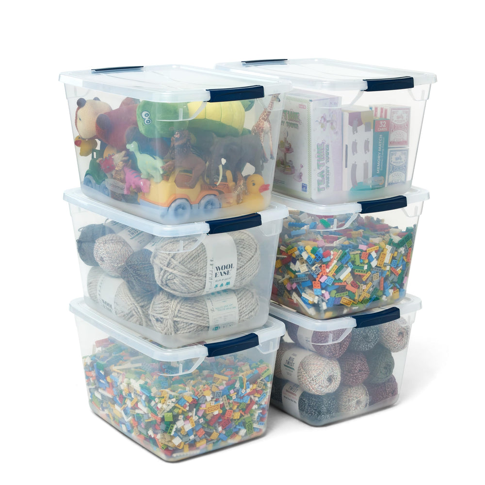 Rubbermaid Cleverstore front view of six-pack showing clear bins and lids, organizes spaces