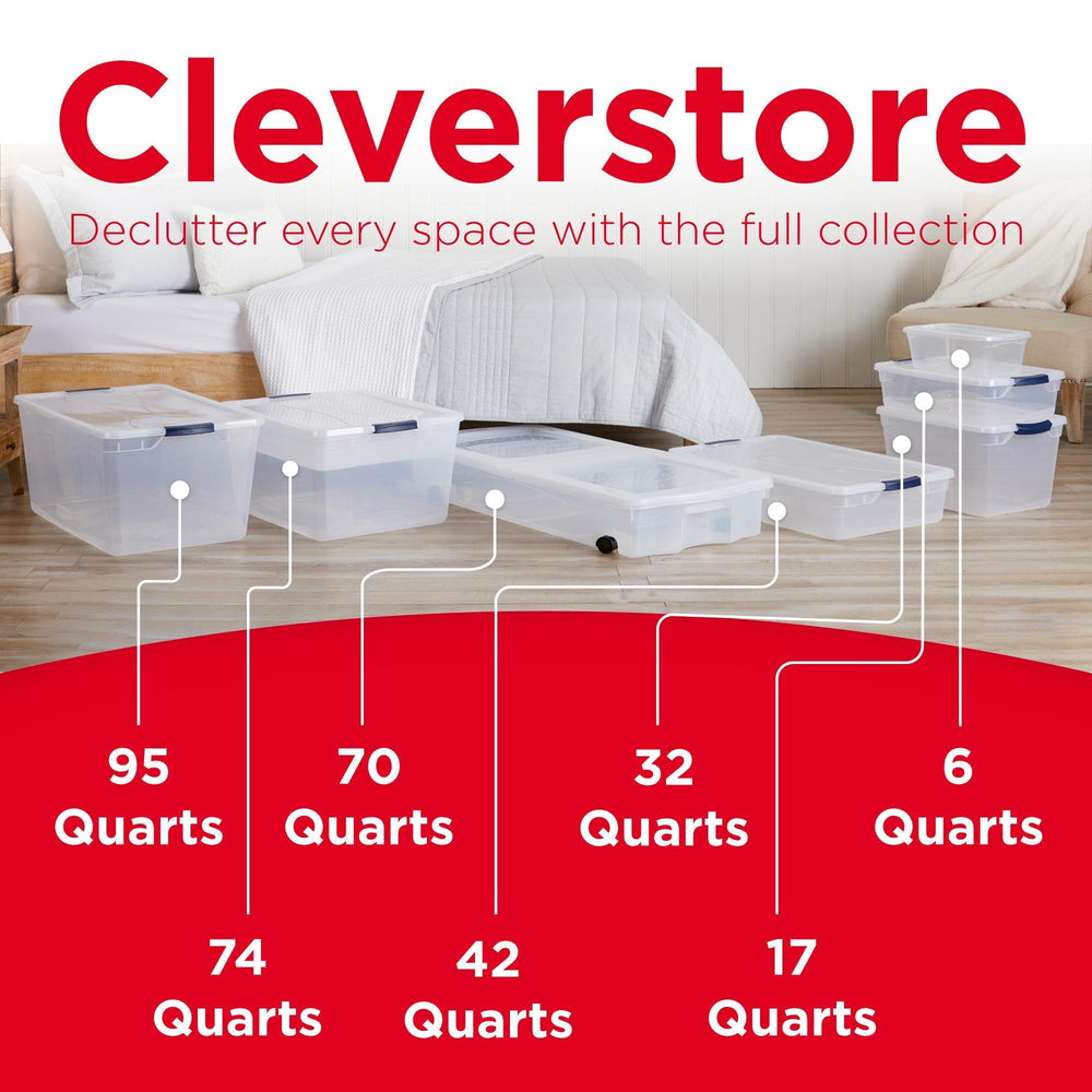 Rubbermaid Cleverstore next to a shoe for scale, shows 32-quart capacity and fit