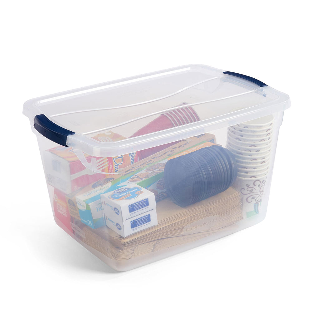 Rubbermaid Cleverstore stacked on shelf, saves vertical space and keeps items tidy