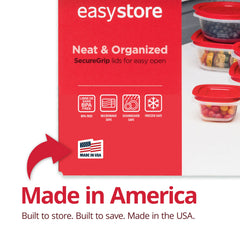 Rubbermaid EasyStore varios recipientes apilados en refrigerador para ordenar alimentos