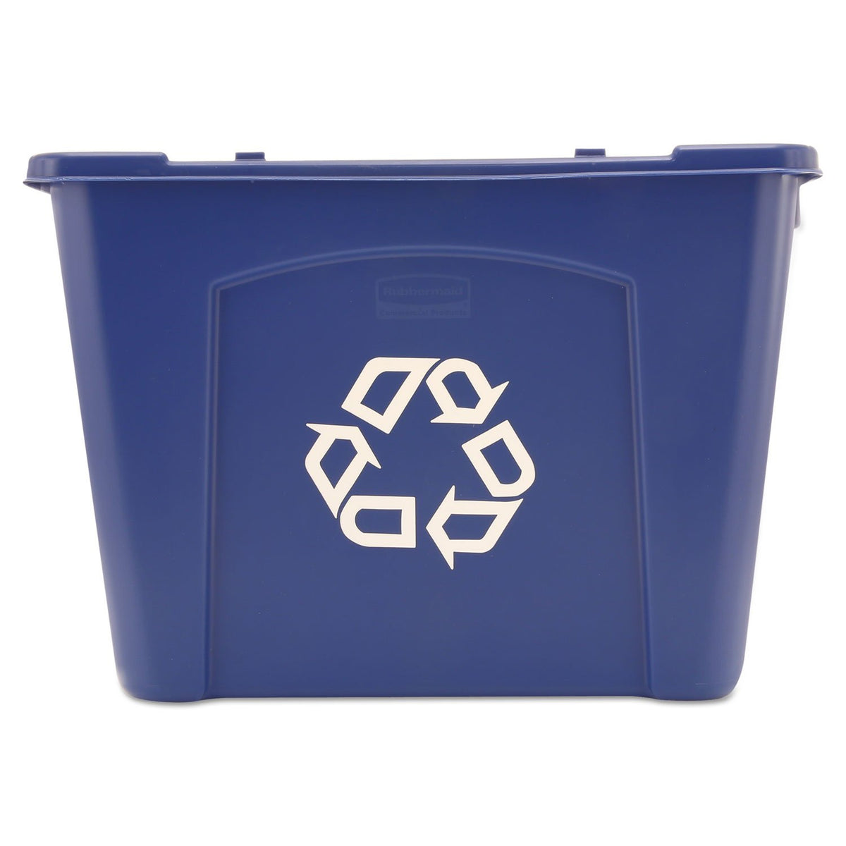 Rubbermaid vista frontal del cubo azul, resistencia comercial y logo reciclaje