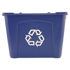 Rubbermaid vista frontal del cubo azul, resistencia comercial y logo reciclaje