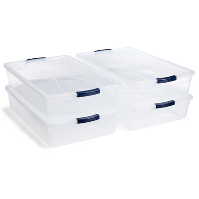 Rubbermaid front view of four clear bins showing neat organization benefit