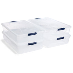 Rubbermaid front view of four clear bins showing neat organization benefit