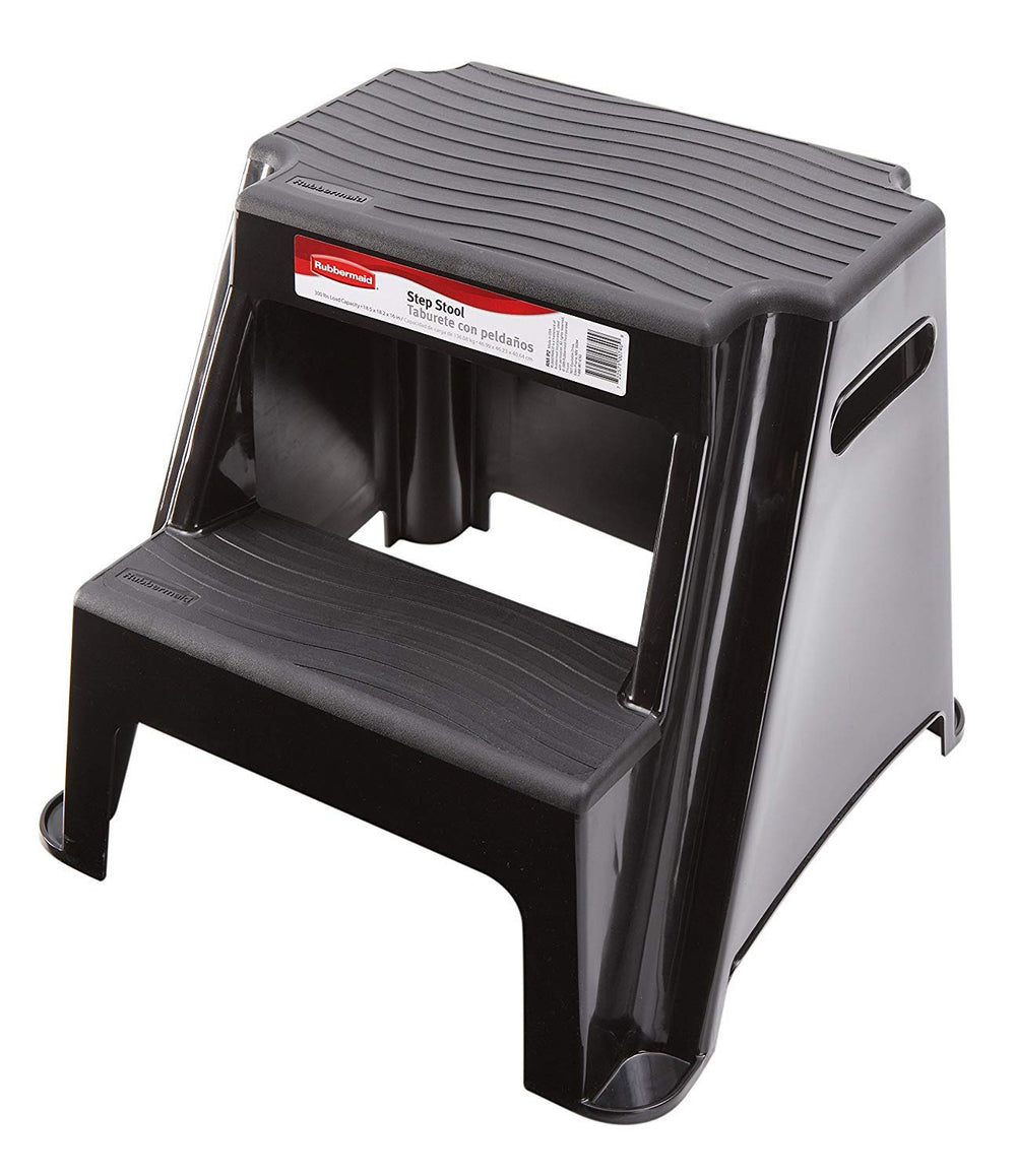 Rubbermaid front view of two-step stool showing stable standing platform benefit
