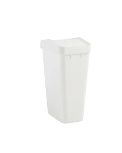 Rubbermaid front view of swing top trash can showing sleek white design and easy access