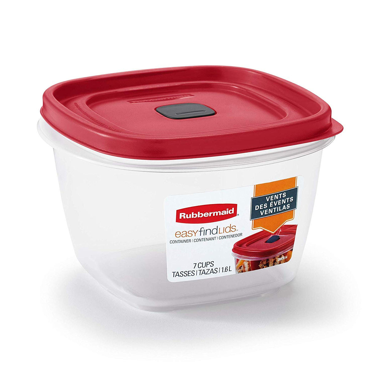 Rubbermaid vista frontal del contenedor de 7 tazas con tapa roja, fácil identificación