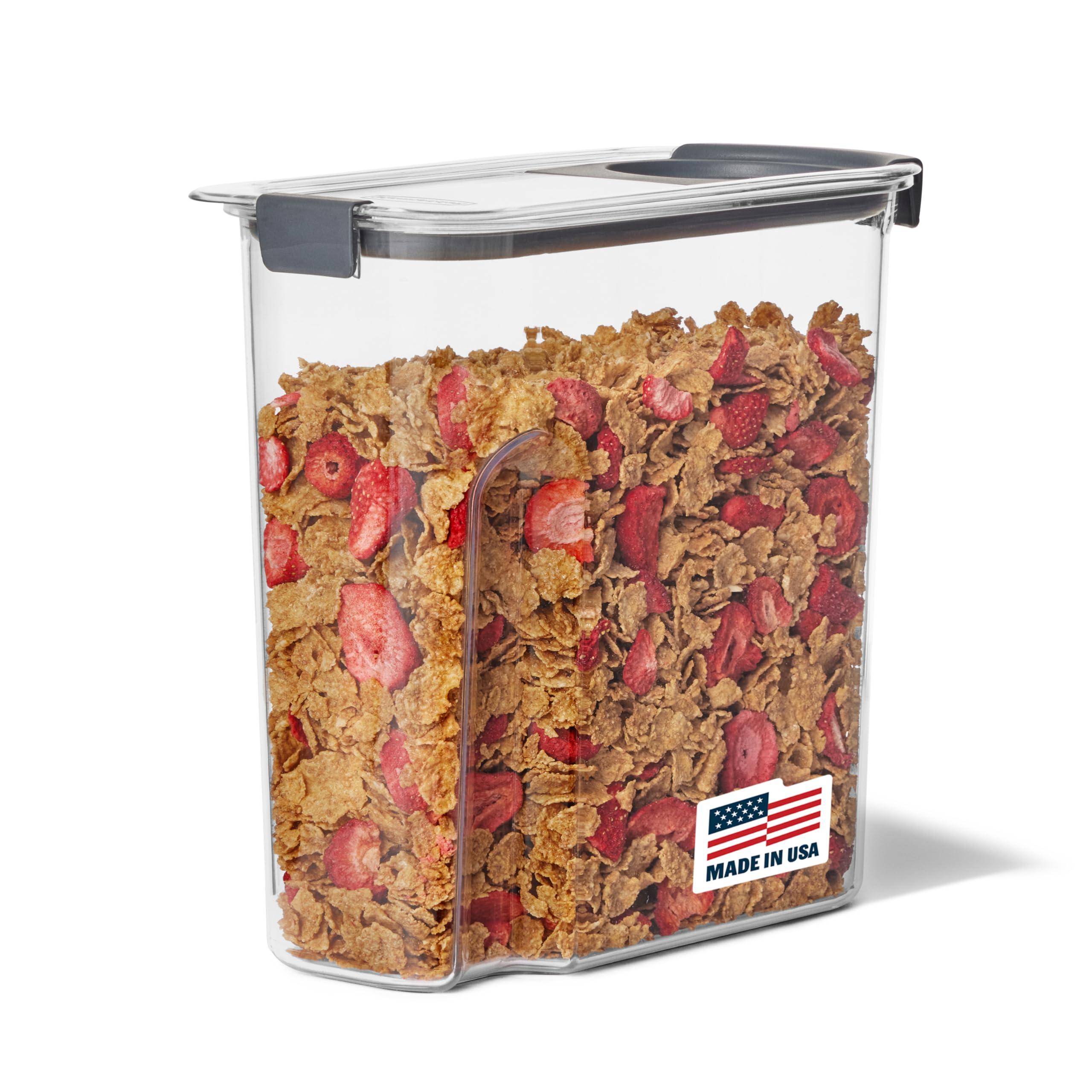 Rubbermaid contenedor frontal claro mostrando cereal y control de porciones