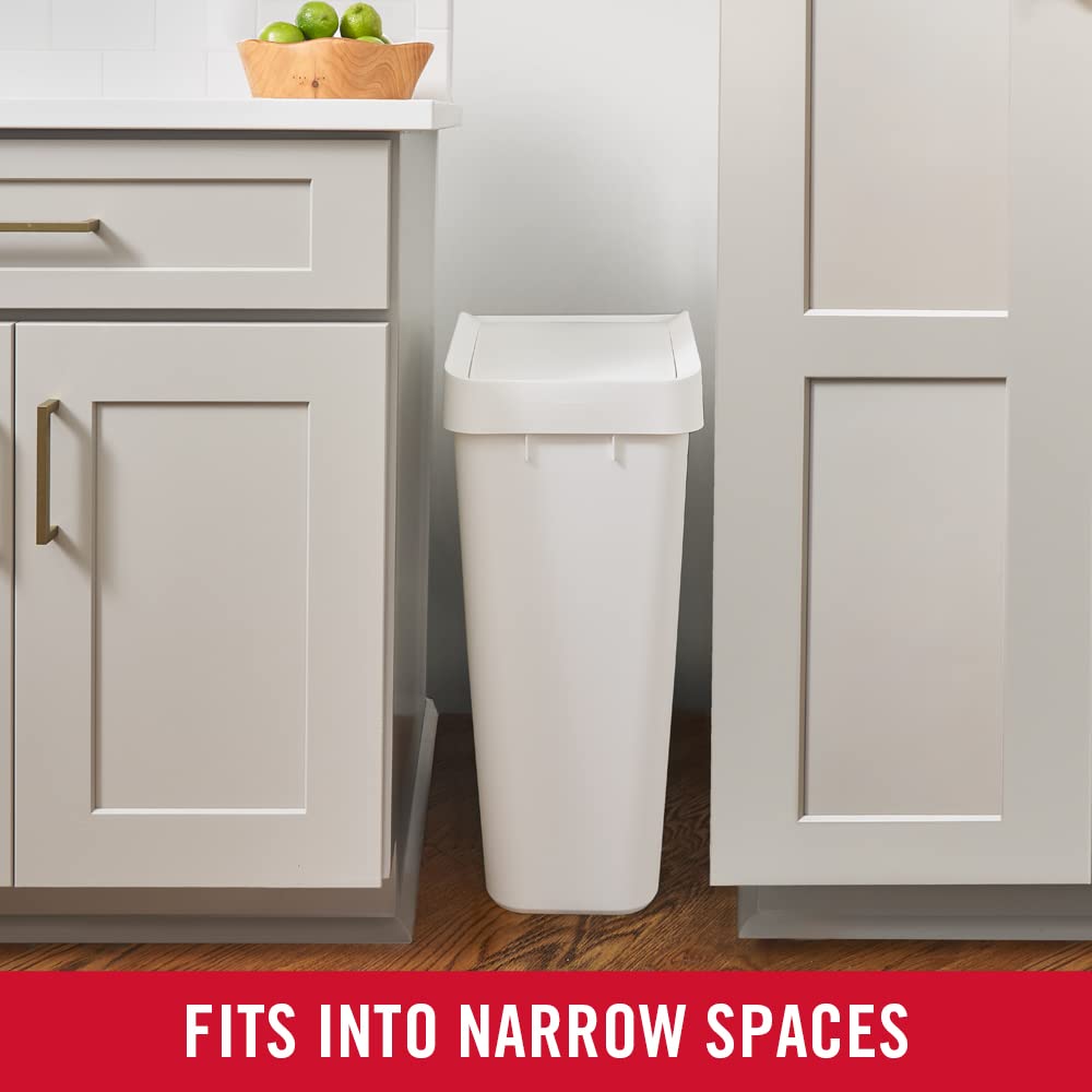 Rubbermaid placed between kitchen cabinets illustrating narrow-space placement benefit
