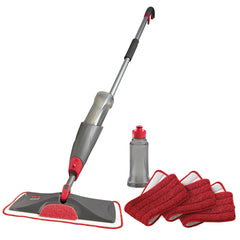 Rubbermaid Reveal vista frontal del kit mostrando mopa y paños, facilita limpieza rápida