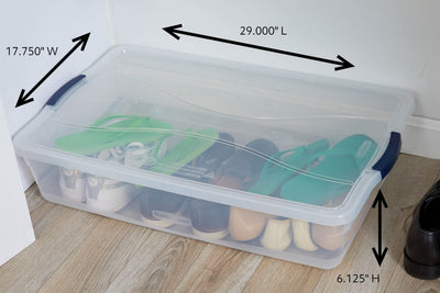 Rubbermaid stacked bins in closet demonstrating space-saving stacking benefit