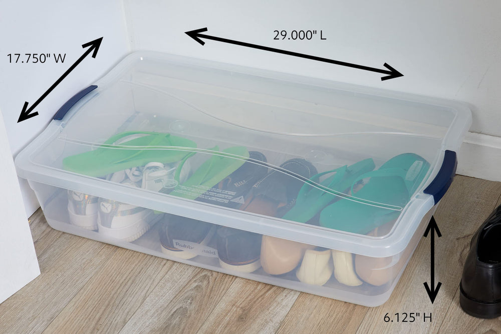 Rubbermaid stacked bins in closet demonstrating space-saving stacking benefit