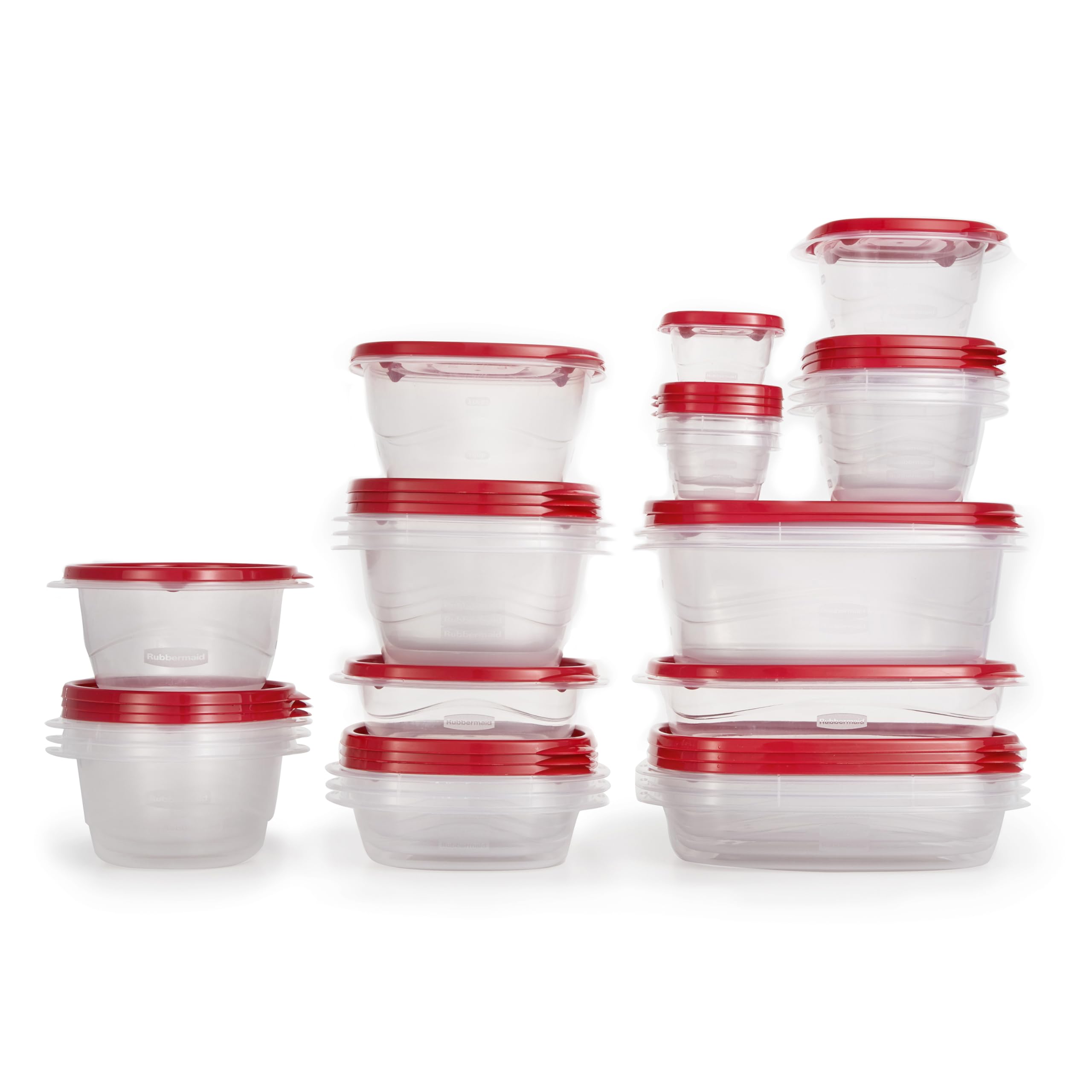 Rubbermaid vista frontal del conjunto con cierre QuikClik, apilado estable y ahorro de espacio