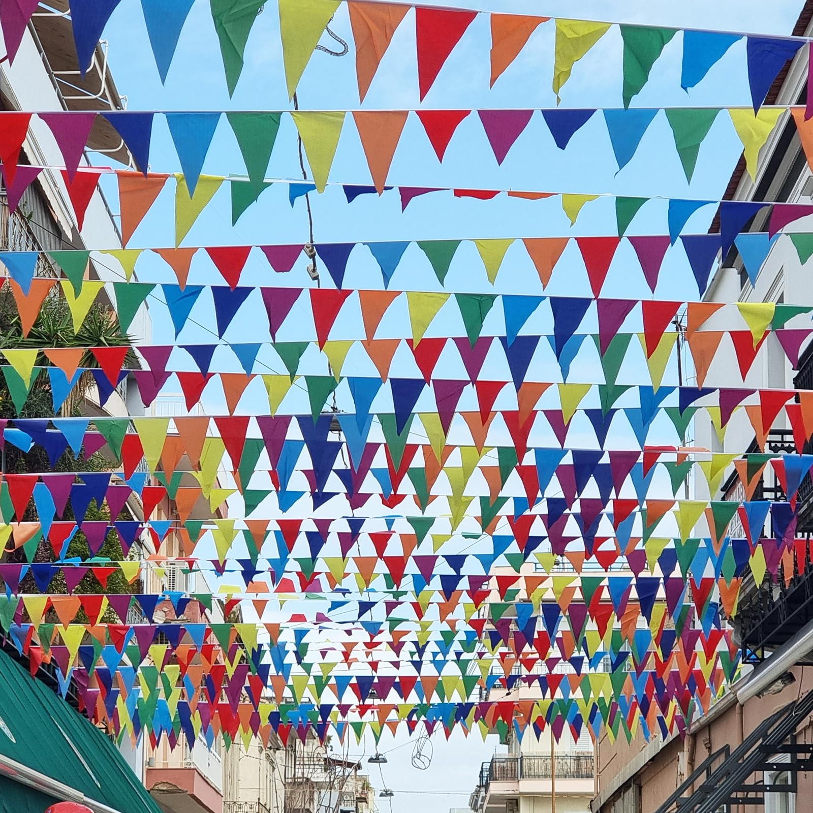 rubfac colorful pennants draped across ceiling adding festive atmosphere