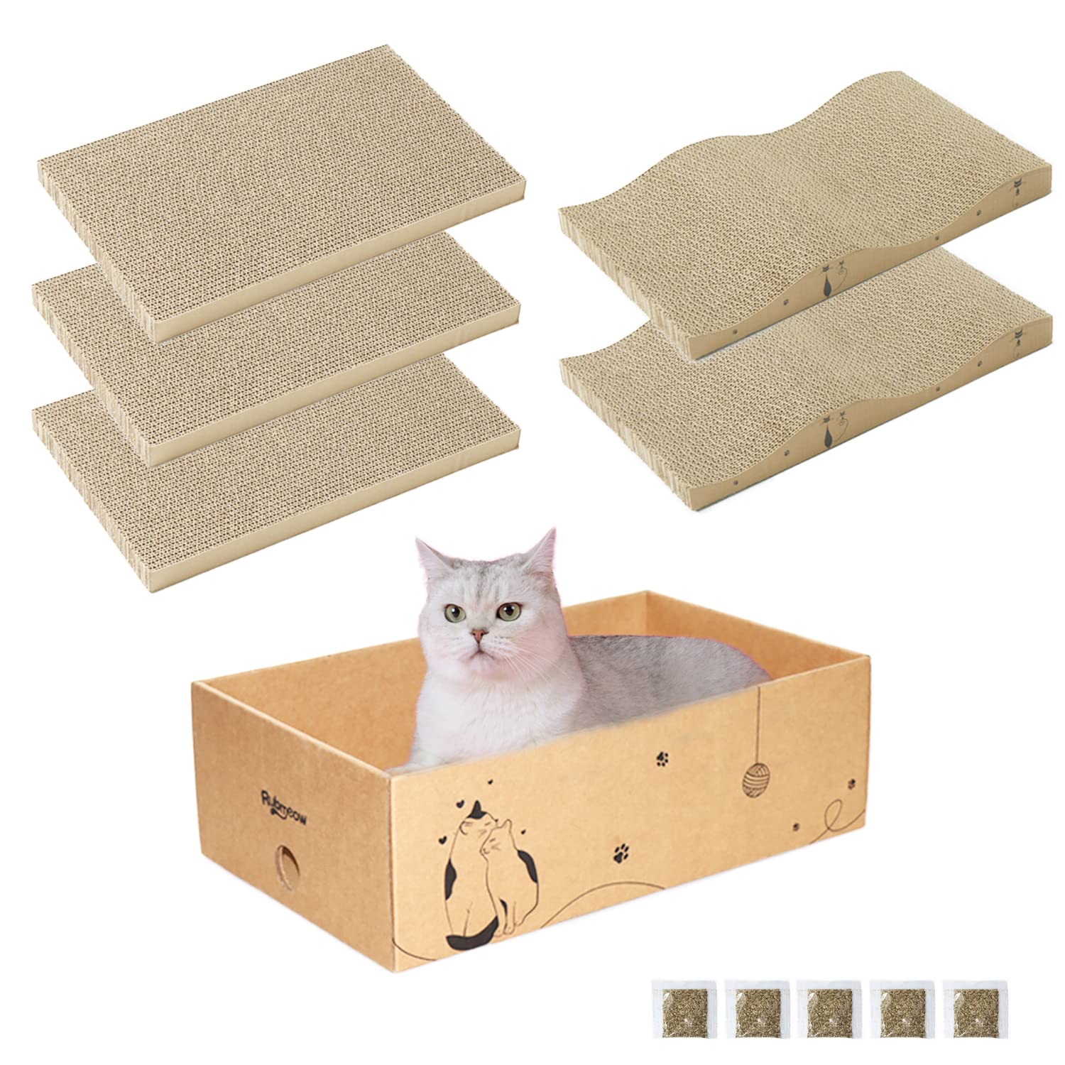 RUBMEOW conjunto completo de 5 piezas dispuesto sobre el suelo para múltiples gatos