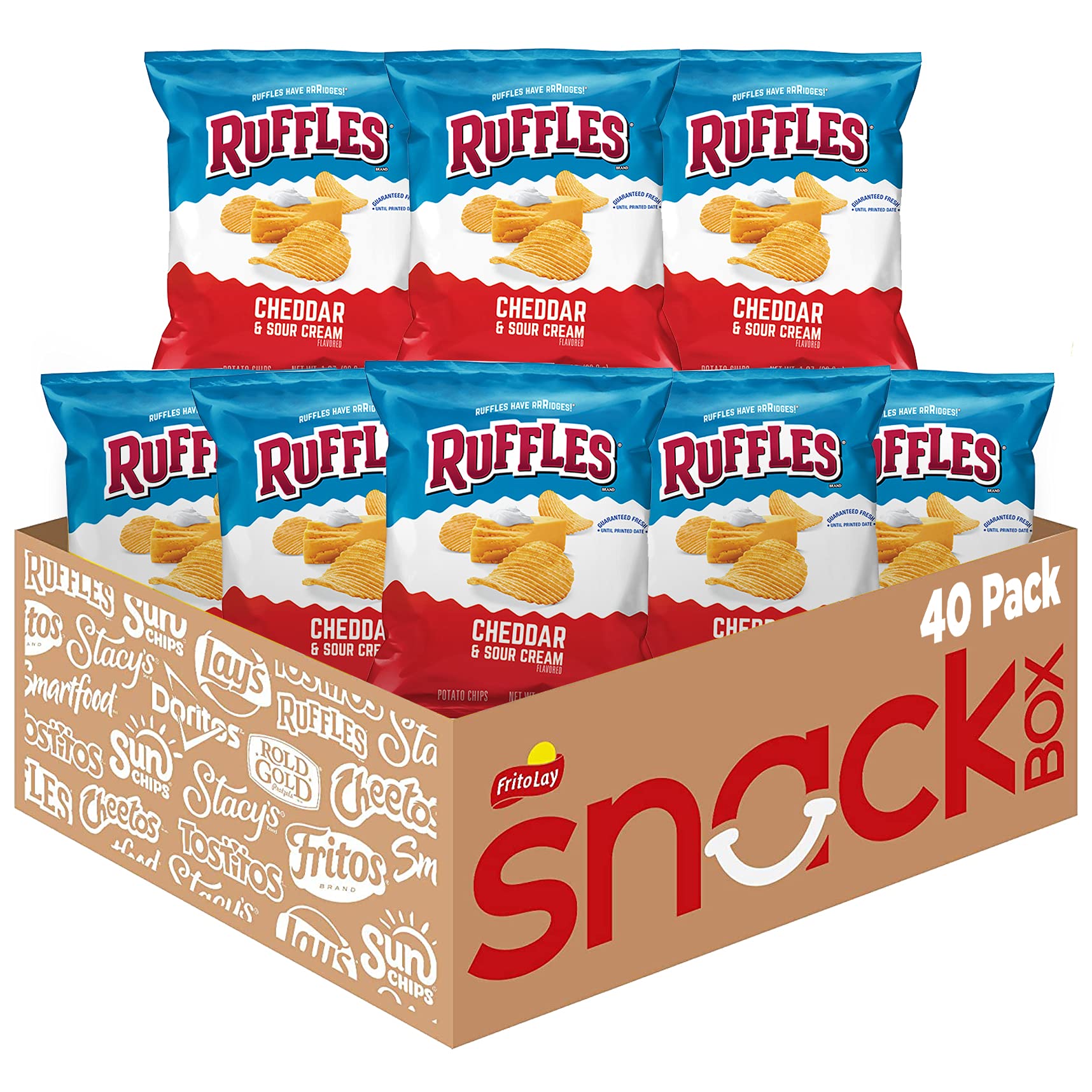 Ruffles frente del paquete mostrando bolsa individual y conveniencia de porción