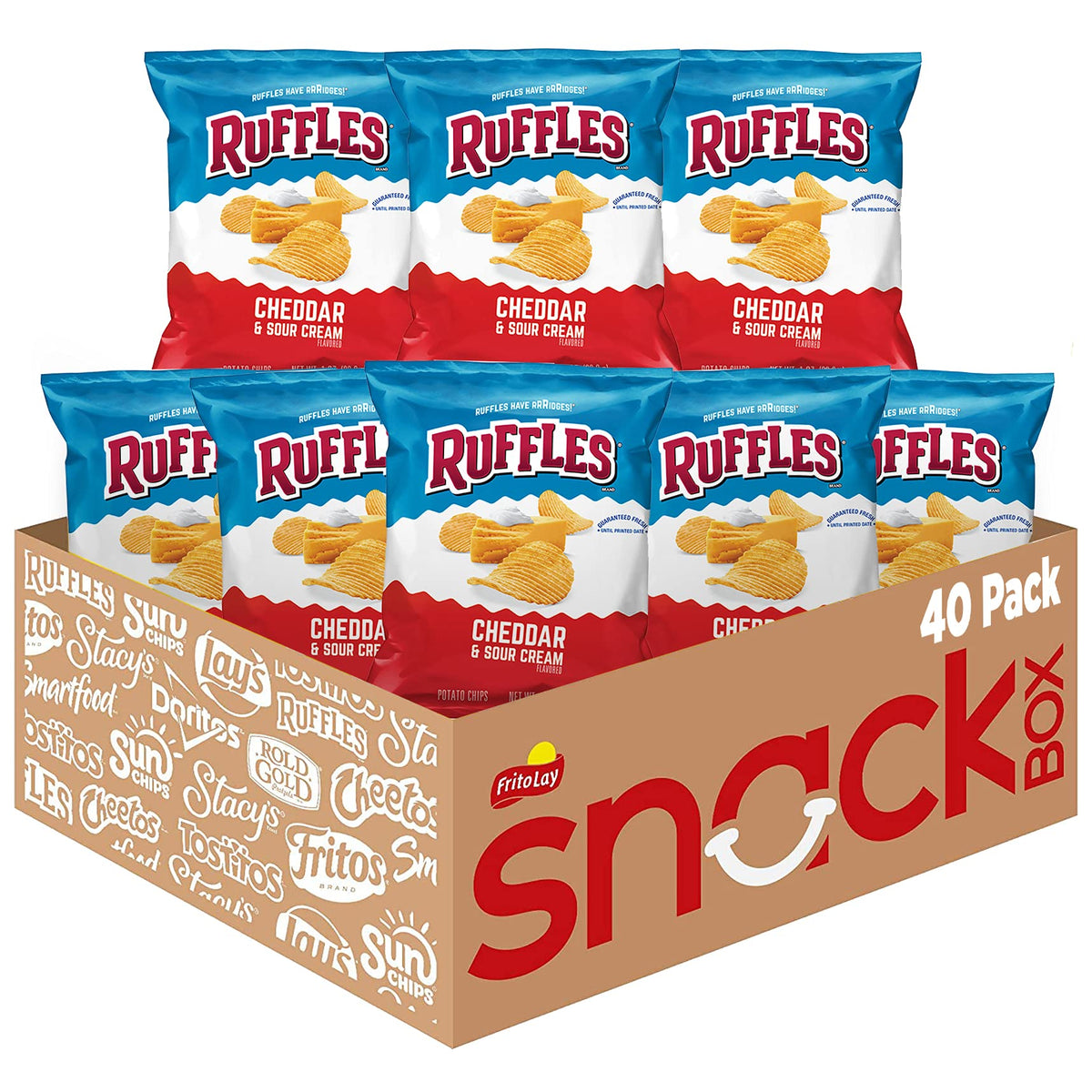 Ruffles frente del paquete mostrando bolsa individual y conveniencia de porción