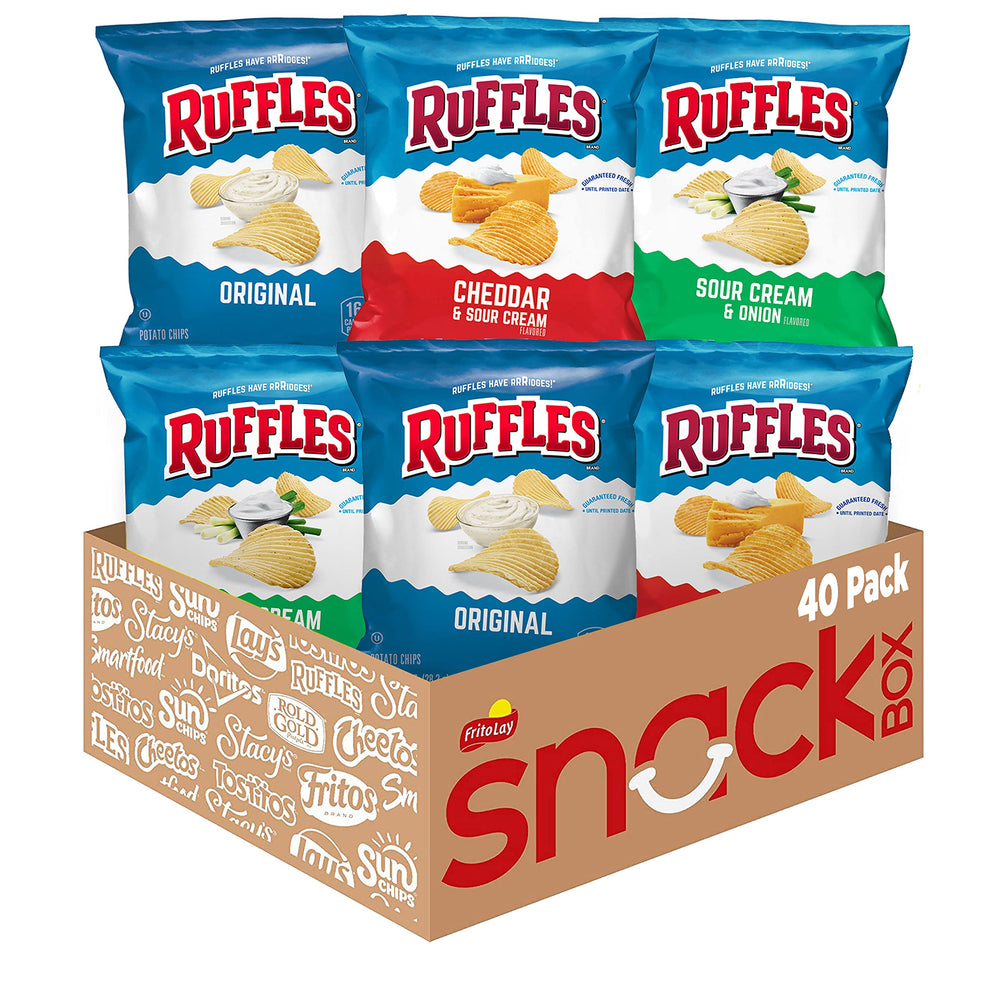 Ruffles variety pack front packaging showing 40 single-serve bags and convenience
