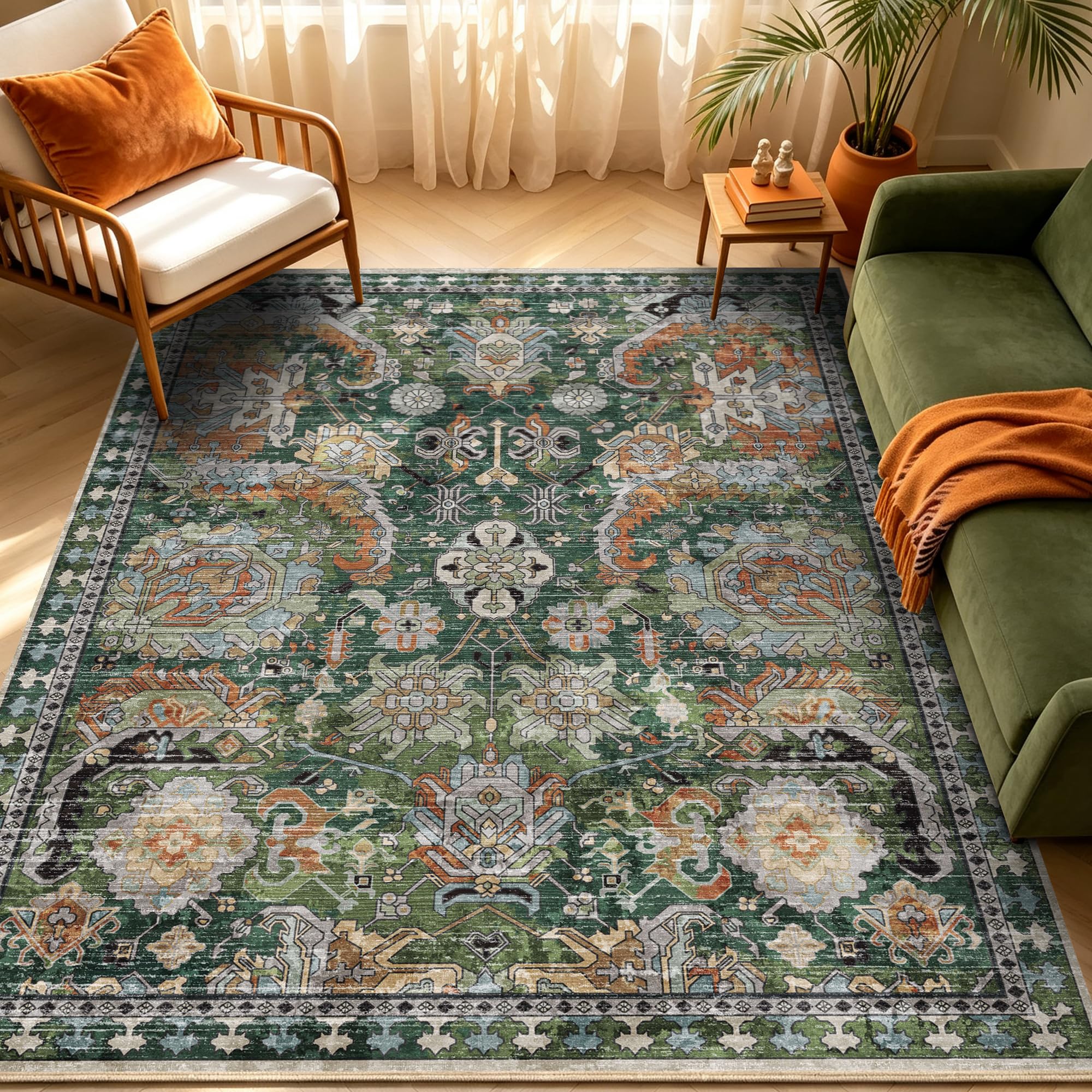 RUGSURE front view of green 5x7 rug showing vintage medallion and balance