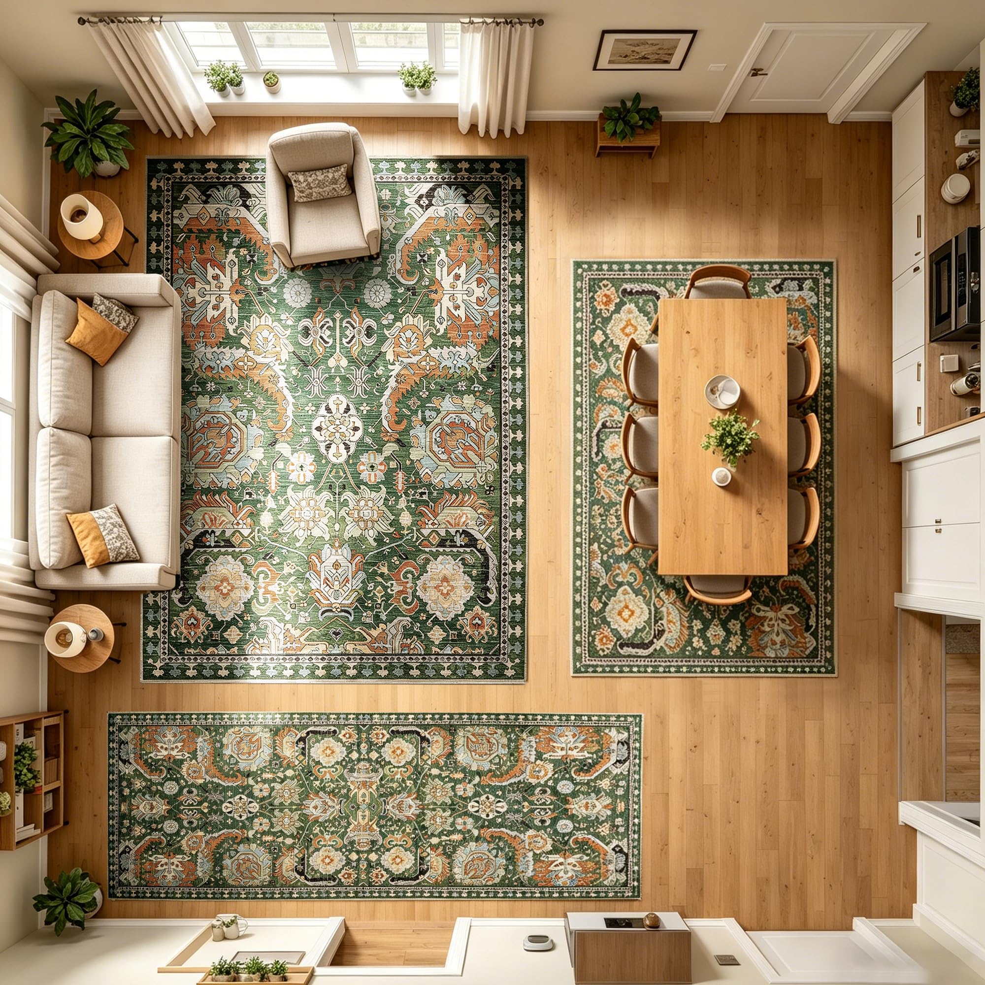 RUGSURE next to sofa to show 5x7 scale for mid-sized rooms