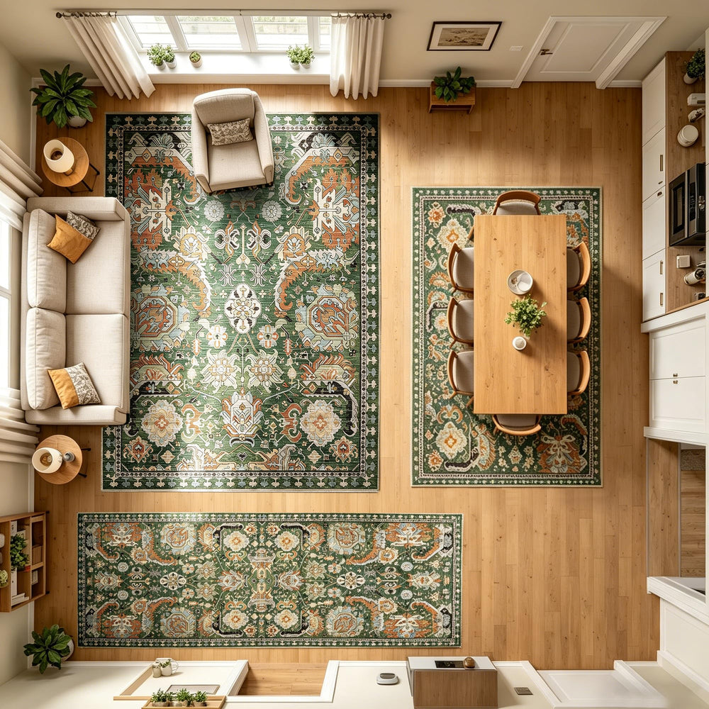 RUGSURE next to sofa to show 5x7 scale for mid-sized rooms
