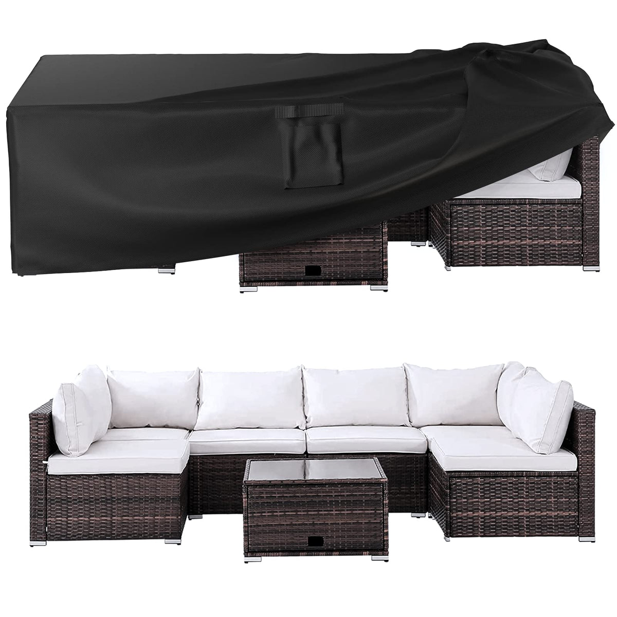 Ruimoy full cover front view protecting patio set, shows complete weather protection