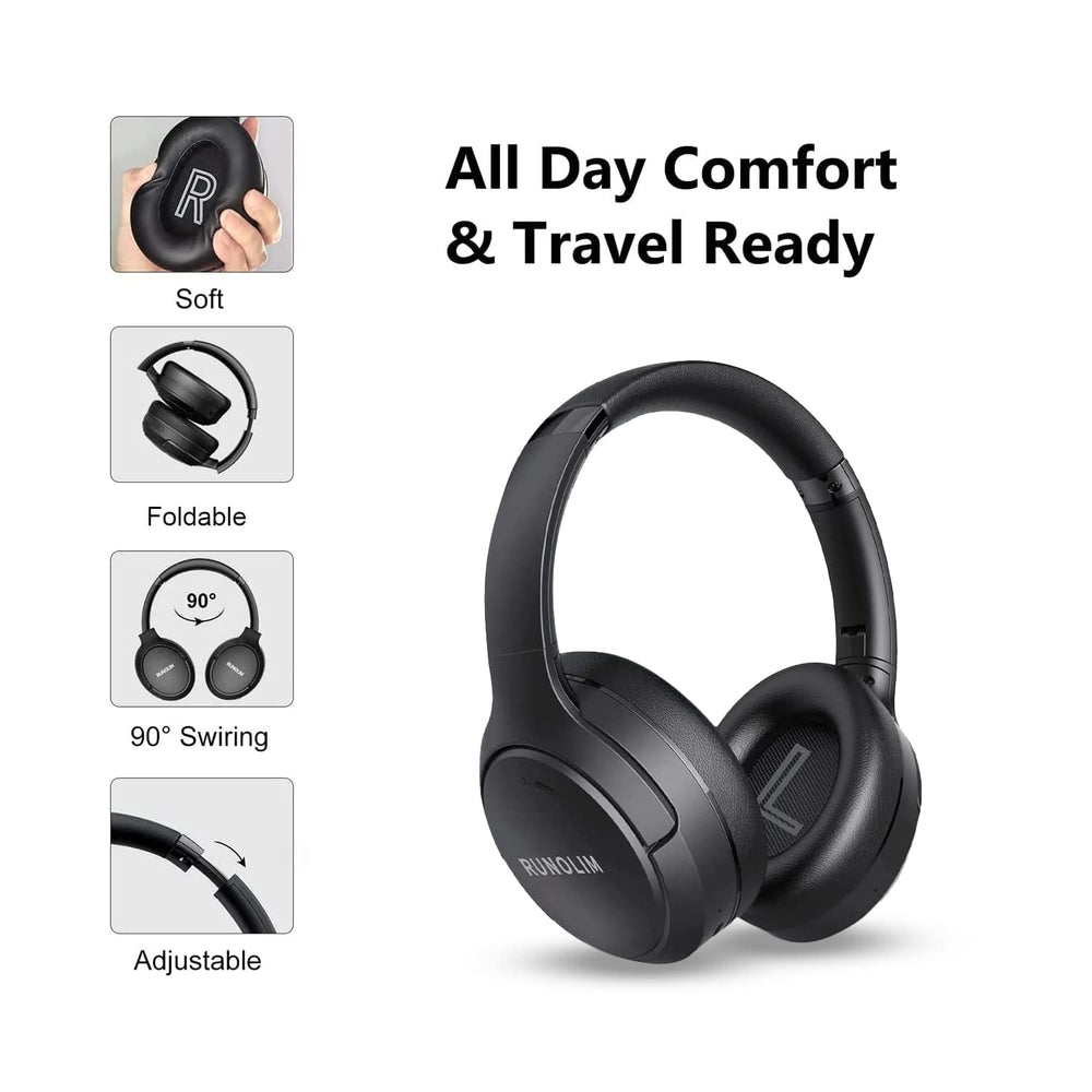 RUNOLIM persona usando auriculares en tren, cancelación de ruido en viaje