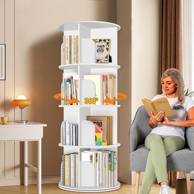 RUNSUNSPRI front view of rotating bookshelf showing compact vertical storage and accessibility