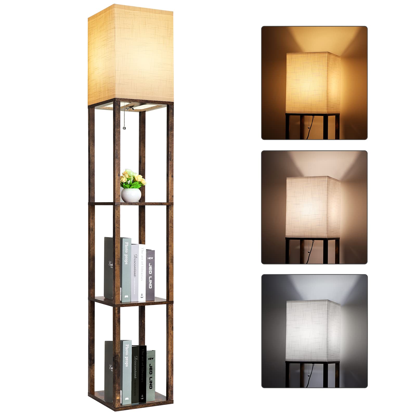 RUNTOP lámpara de pie frontal mostrando diseño marrón y tres estantes útil para decoración
