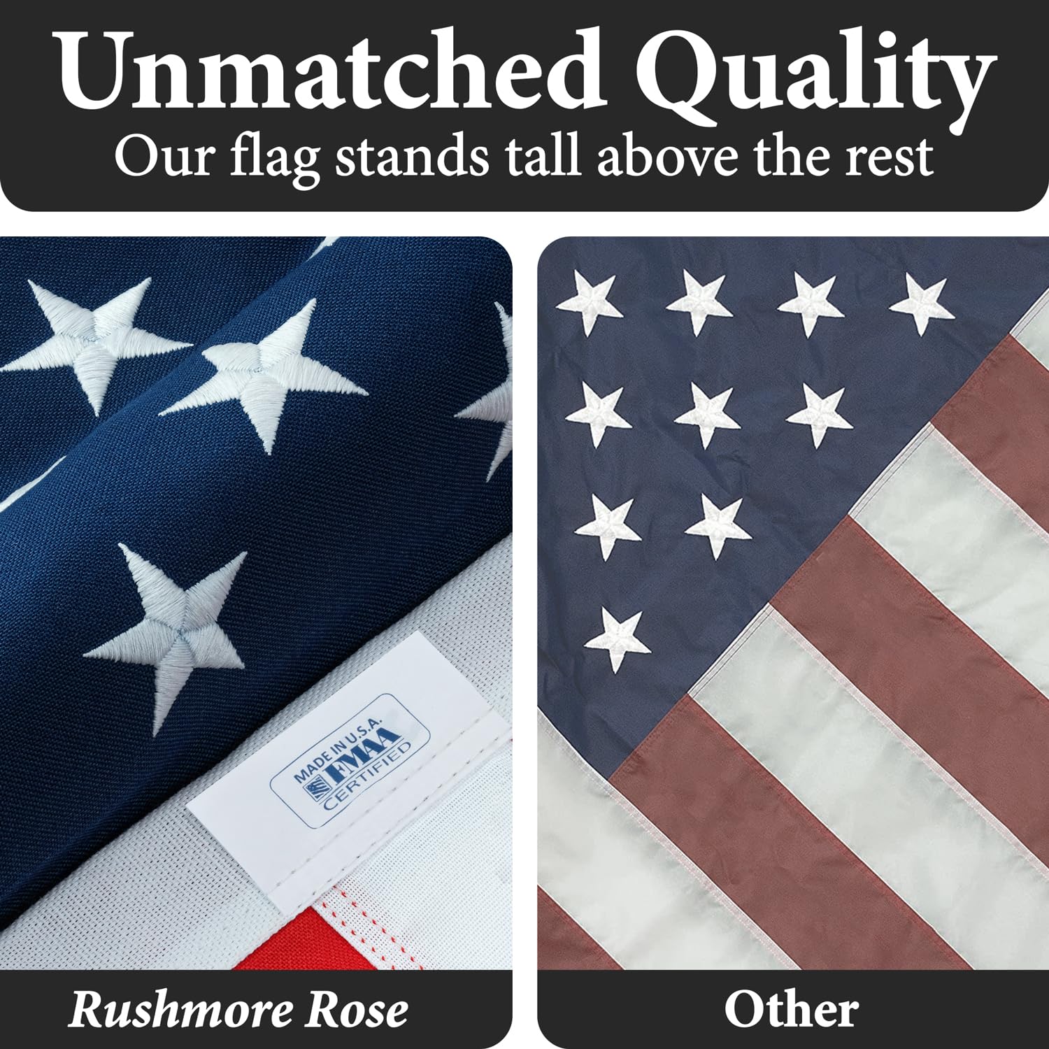 Rushmore Rose USA izada en mástil exterior, muestra estabilidad con viento