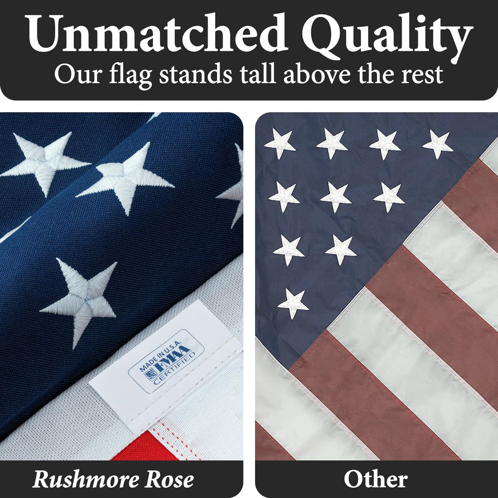 Rushmore Rose USA izada en mástil exterior, muestra estabilidad con viento