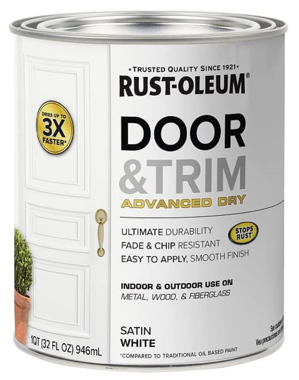 Rust-Oleum envase frontal quart mostrando marca y color blanco satinado, renovación rápida