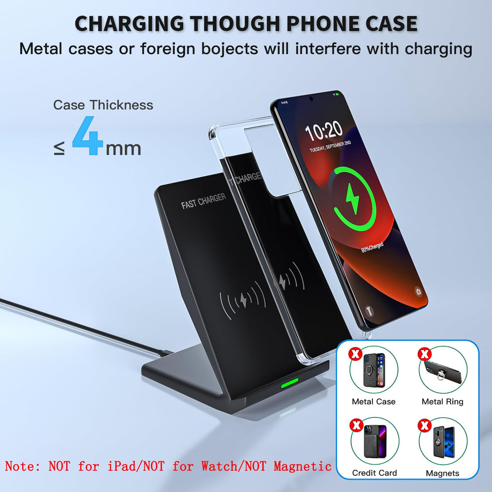 Rvelon charging stand beside smartphone to show compact size and desk-friendly footprint