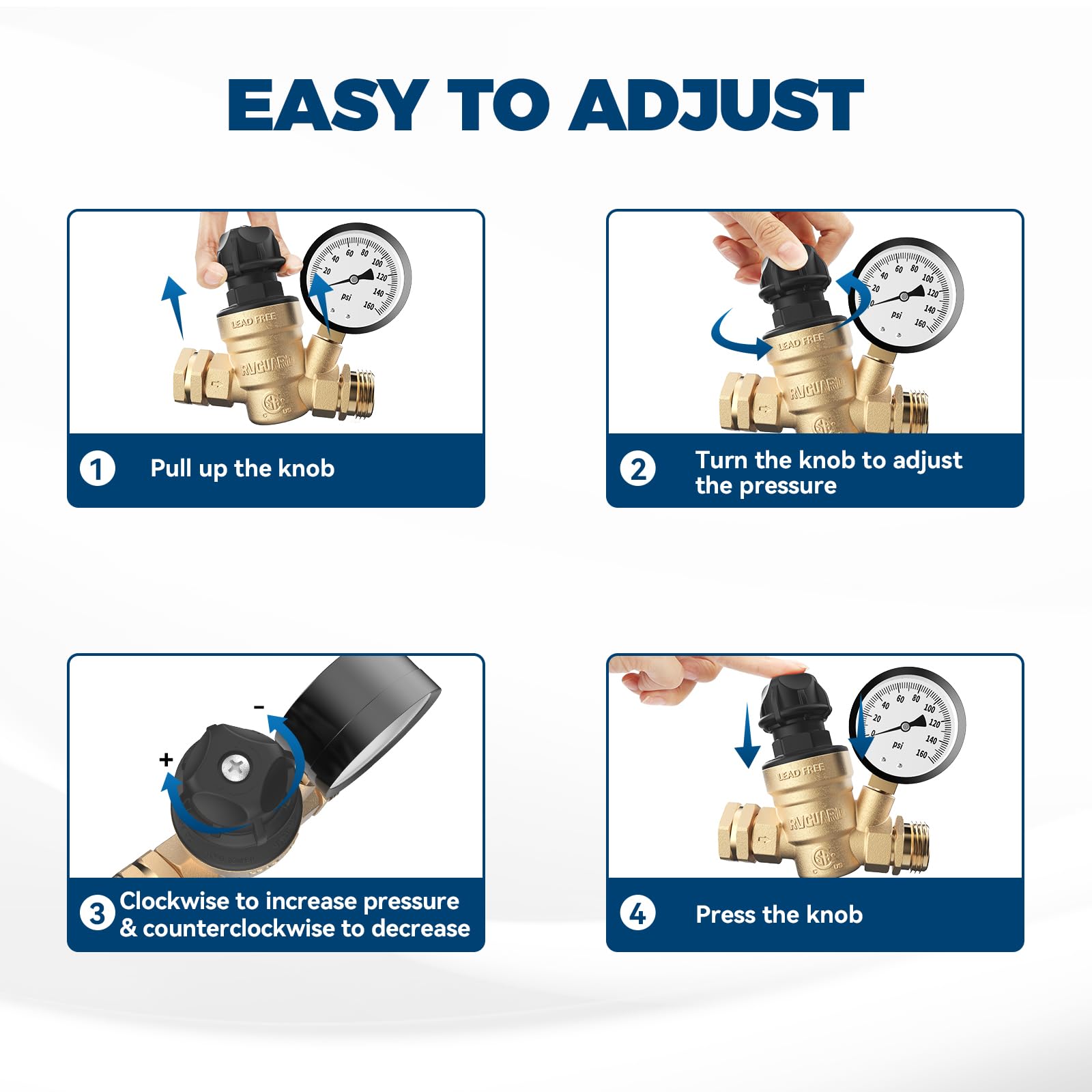 RVGUARD perilla ajustable en primer plano, permite regular presión sin herramientas