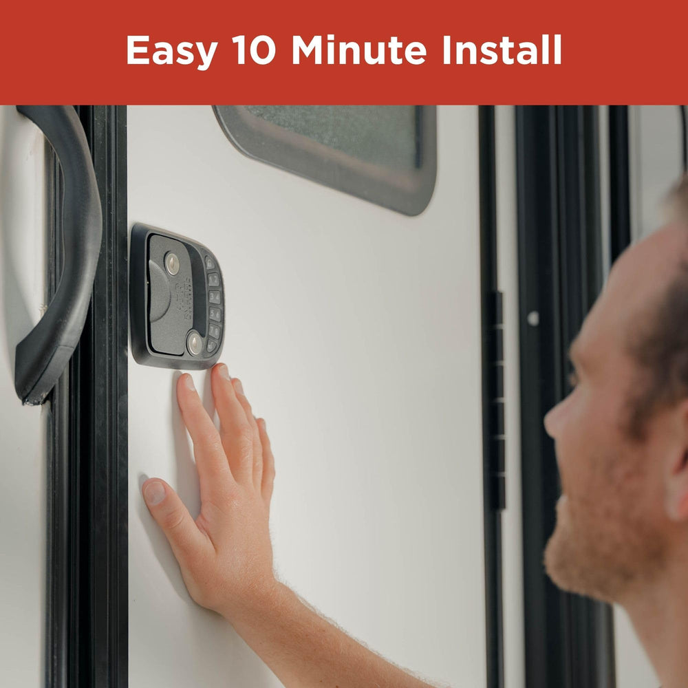 RVLock installed on a glass RV door demonstrating sleek fit and improved security