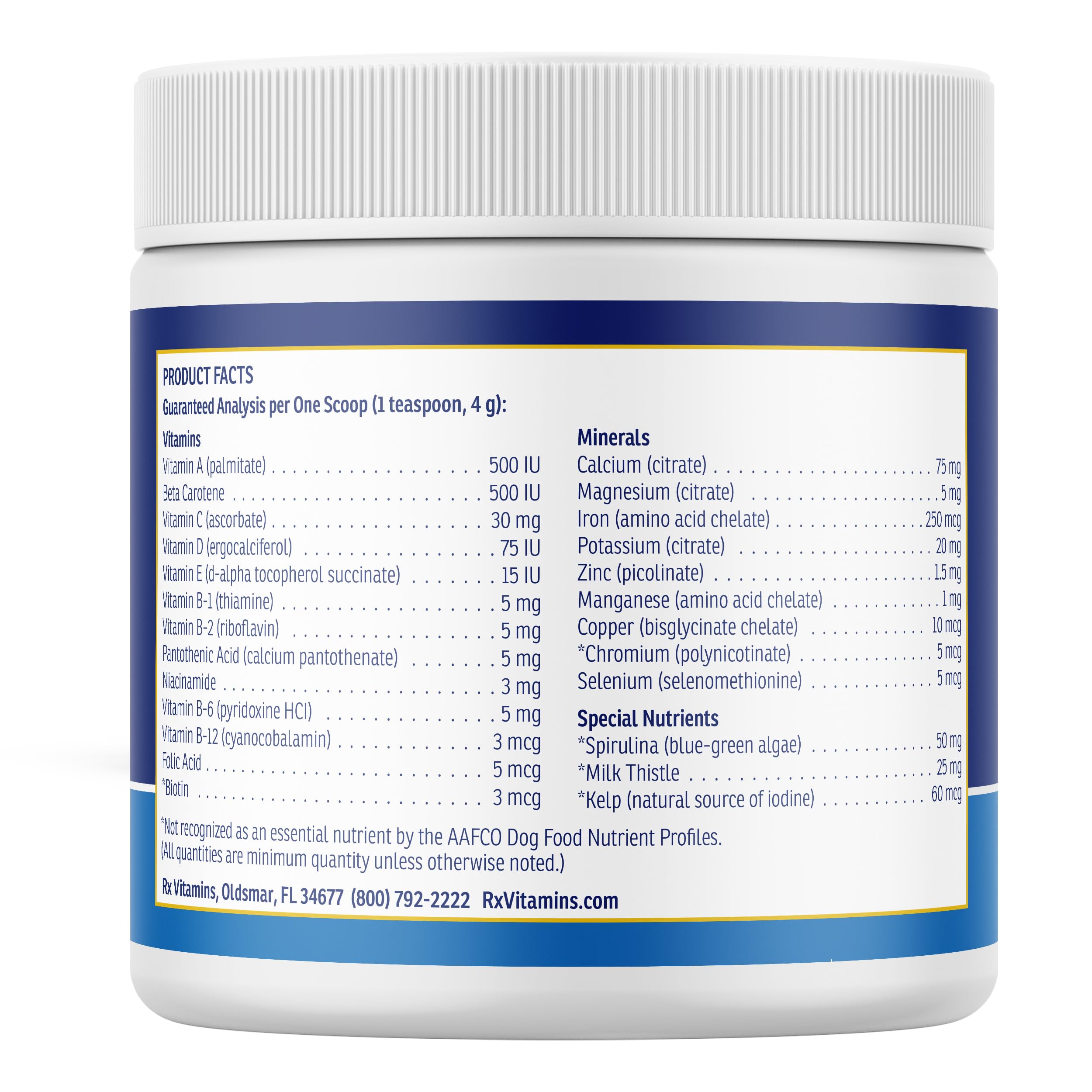 Rx Vitamins ingredientes naturales espirulina y kelp como apoyo nutricional