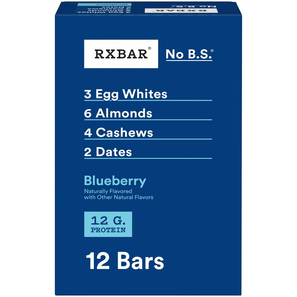 RXBAR frontal del empaque mostrando caja de 12 barras, conveniente y portátil