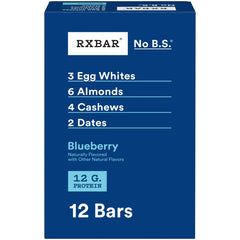 RXBAR frontal del empaque mostrando caja de 12 barras, conveniente y portátil
