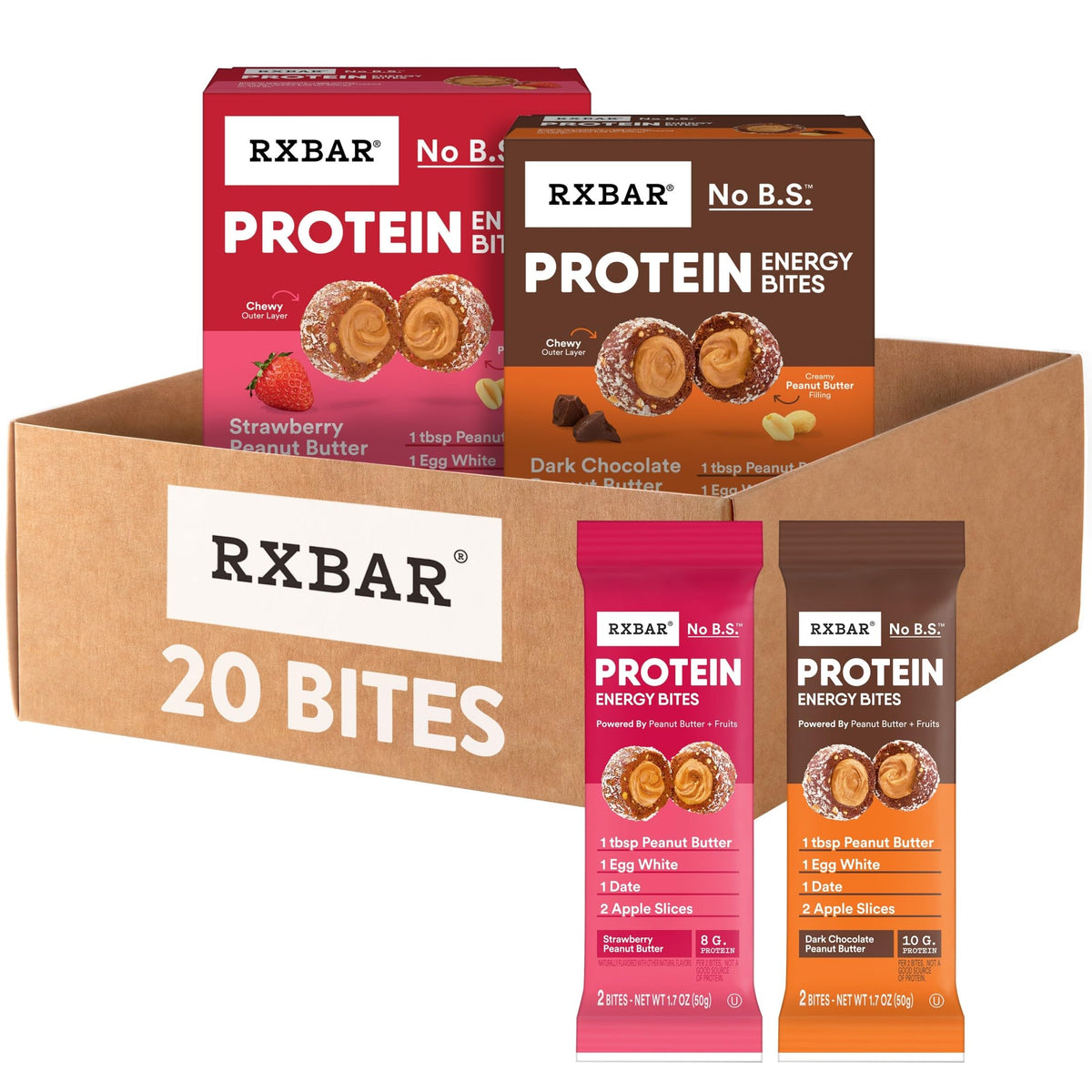 RXBAR bocado empacado frontal mostrando pouch portátil y conveniencia