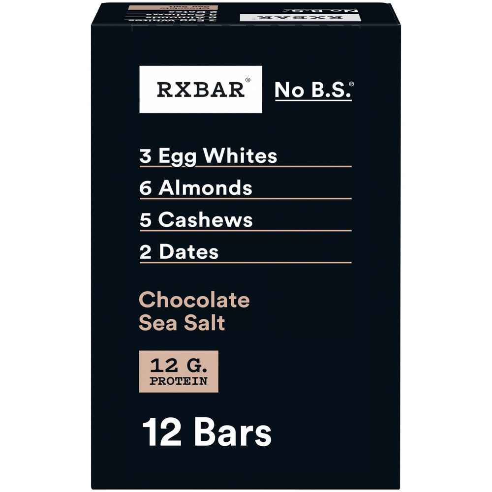 RXBAR frente del empaque mostrando sabor Chocolate Sea Salt y conveniencia