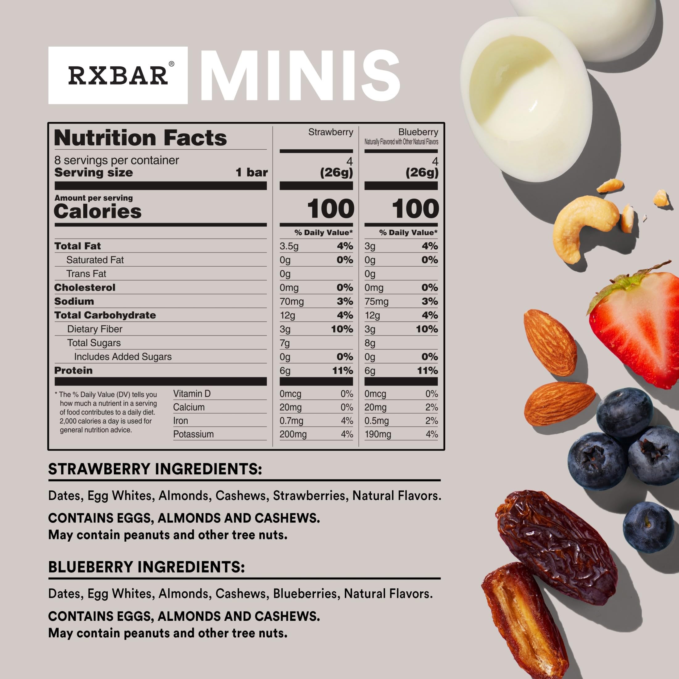 RXBAR etiqueta de ingredientes mostrando claras de huevo y frutos secos