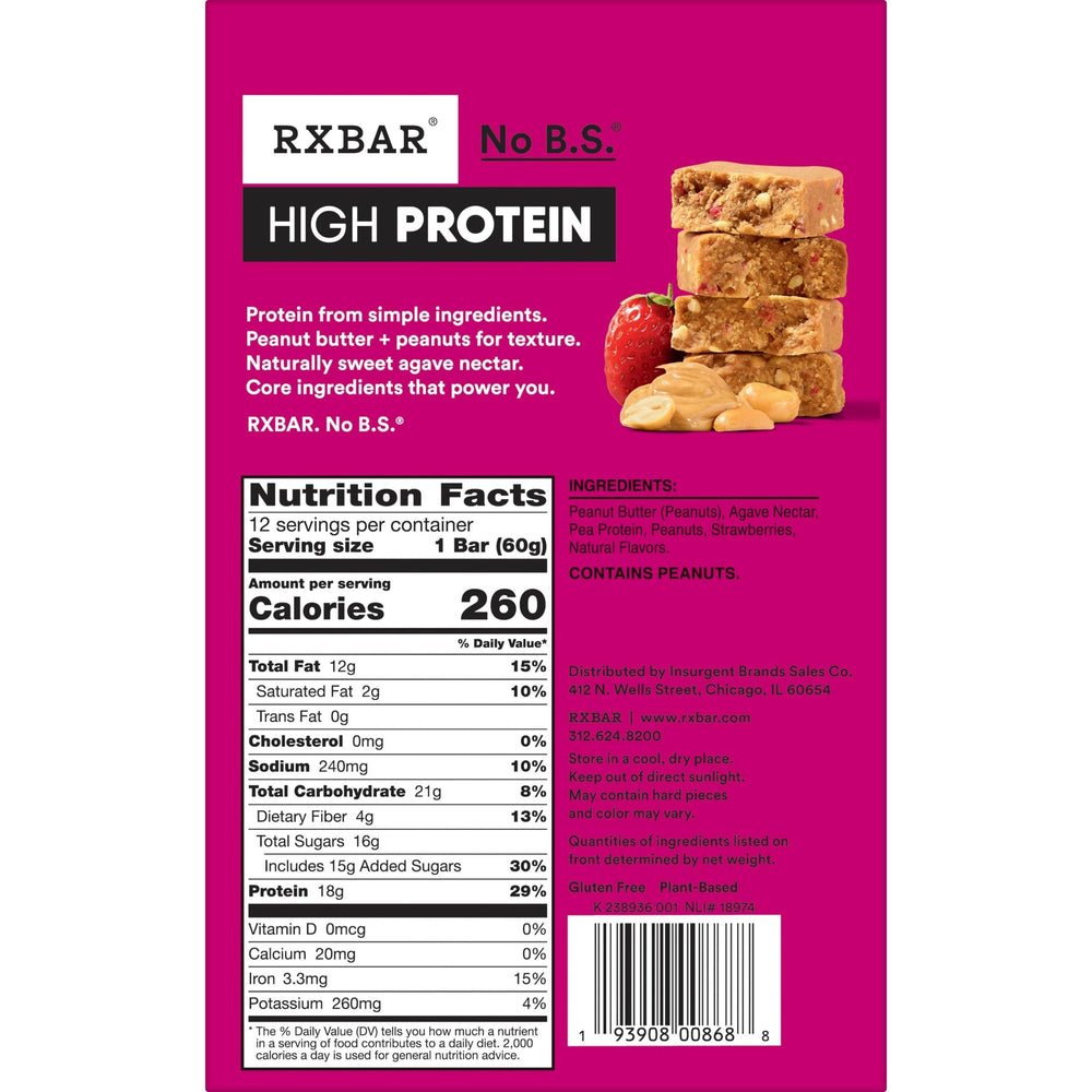 Primer plano de la etiqueta nutricional de RXBAR mostrando 18g de proteína