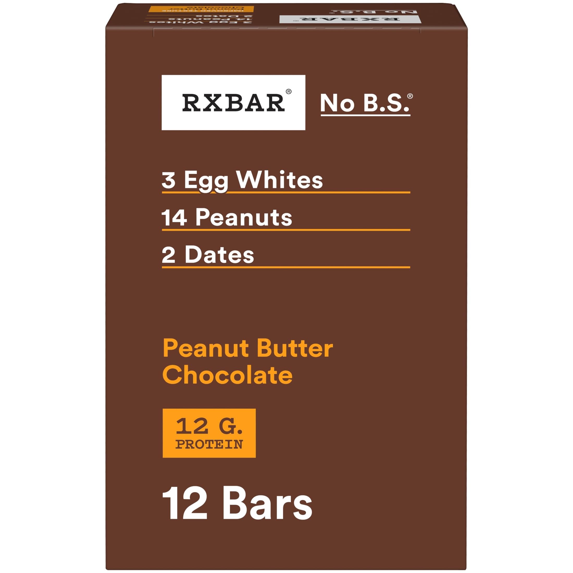RXBAR frente del empaque mostrando caja de 12 barras y sabor peanut butter chocolate