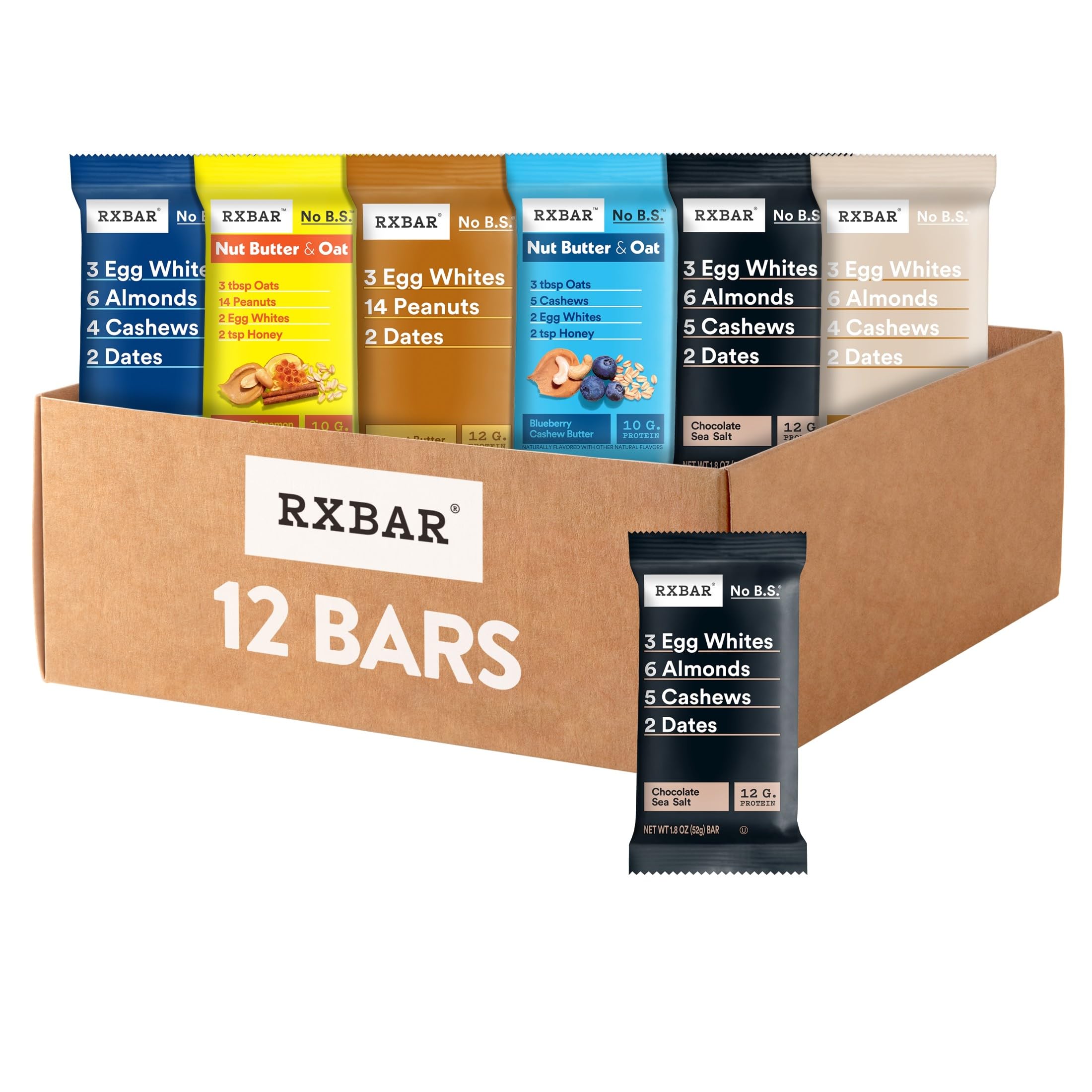 RXBAR empaque frontal mostrando las 12 barras y beneficios prácticos