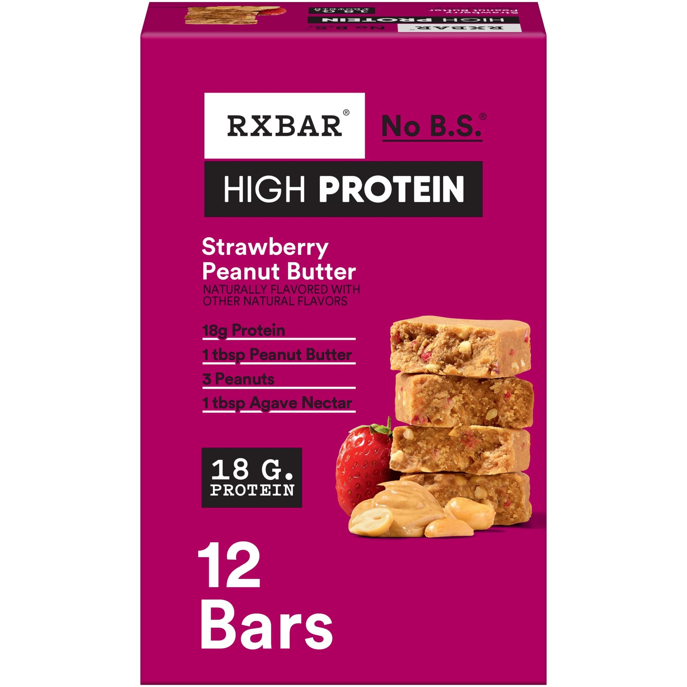 RXBAR frontal del paquete mostrando sabor Strawberry Peanut Butter y beneficio de proteína