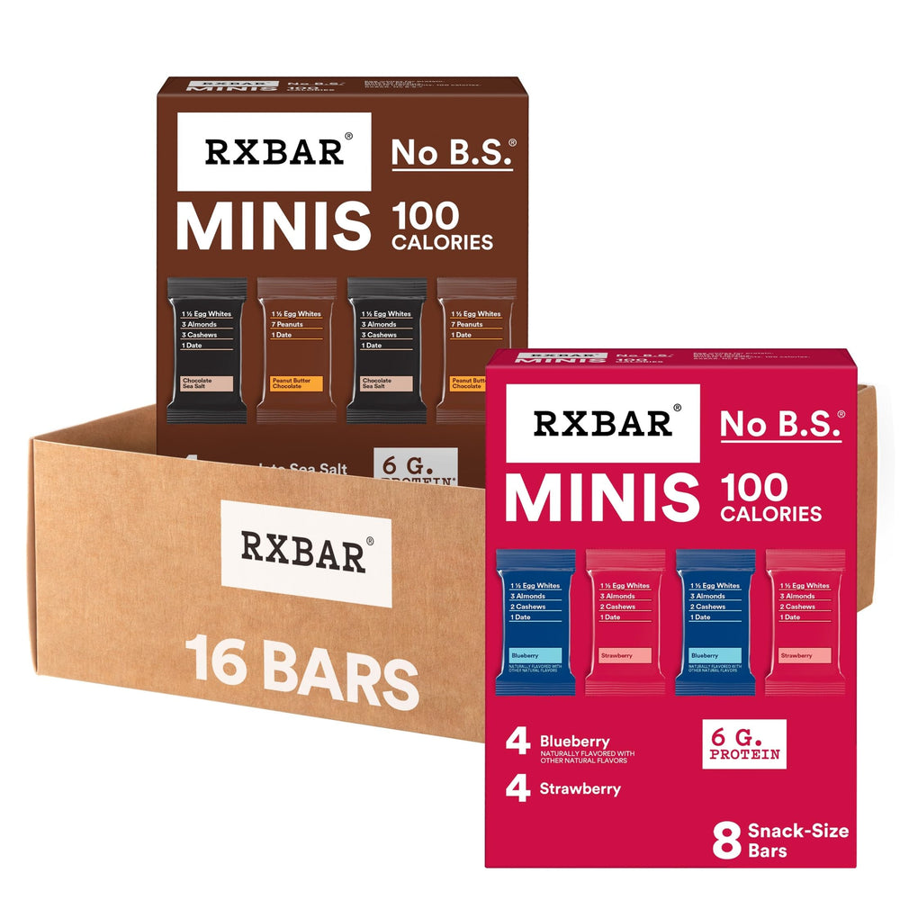 RXBAR vista frontal del pack que muestra las 16 barras y variedad